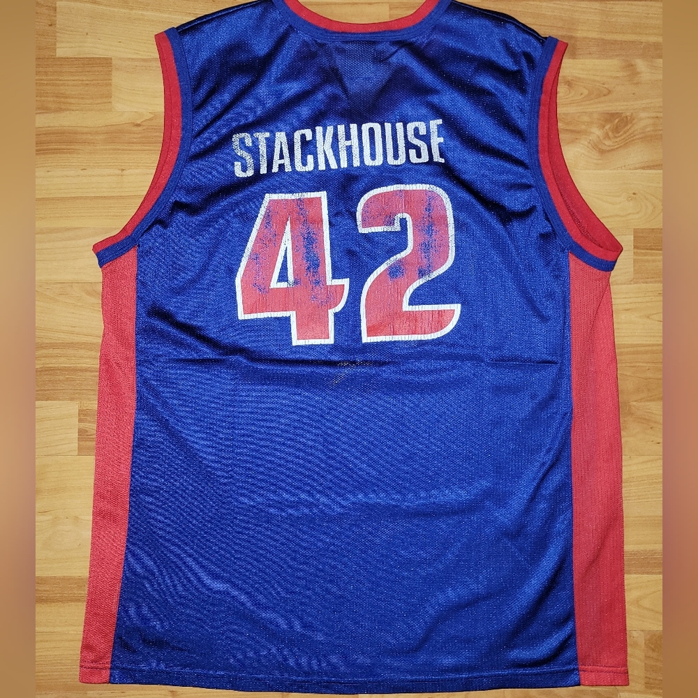 Vintage Detroit Pistons Stackhouse Large Blue Champion Jersey #42 Long Mesh
